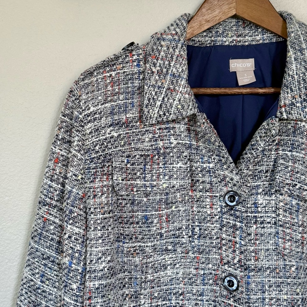 CHICO’S 3 / XL 16 18 Tweed Peplum Fringe Trim Jacket Blazer - Picture 2 of 12